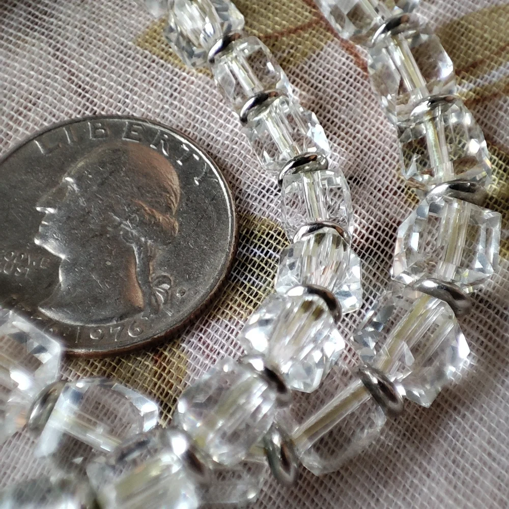 Pair of 2 Clear Square Crystal Glass Cube Stretch Bracelets Vintage Silver Tone